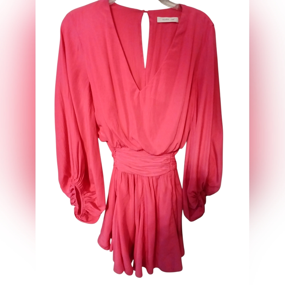 NWOT - Mustard Seed Women's Pink Barbiecore Lantern Sleeve, Flowy, V-neck Dress - Picture 2 of 4